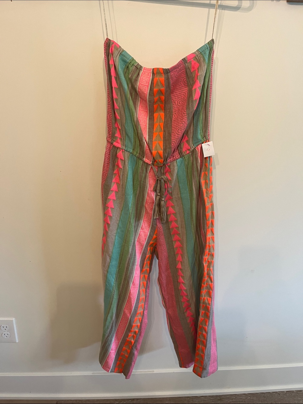 Elan Strapless Multicolor Stripe Jumpsuit with Neon Pink & Orange Accents